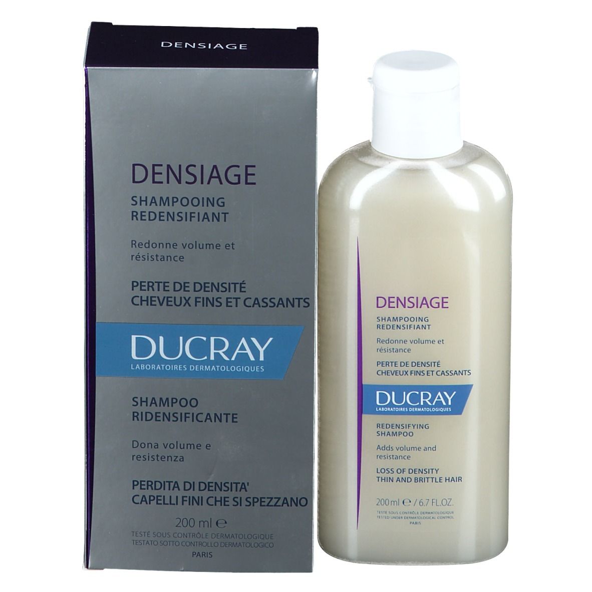 Flacone di shampoo e confezione. Scritte: Densiage, Shampooing Redensifiant, Ducray. 200ml. Viola e bianco.