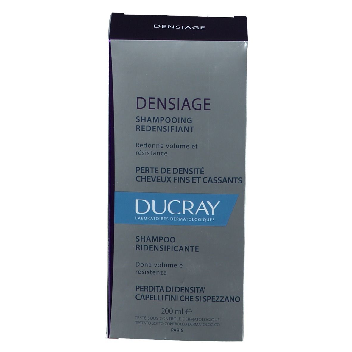Confezione di shampoo. Scritte: Densiage, Shampooing Redensifiant, Ducray. 200ml. Viola e bianco.