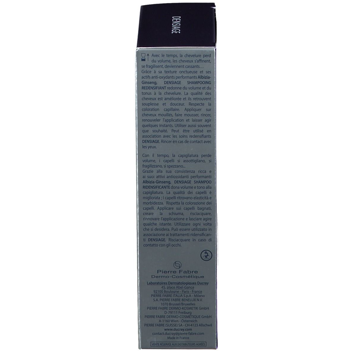 Retro della confezione dello shampoo. Testo multilingue. Informazioni sugli ingredienti e sul produttore.