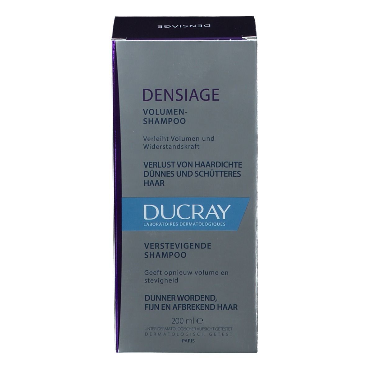 Confezione di shampoo. Scritte: Densiage, Shampoo Volume, Ducray. 200ml. Grigio e viola.