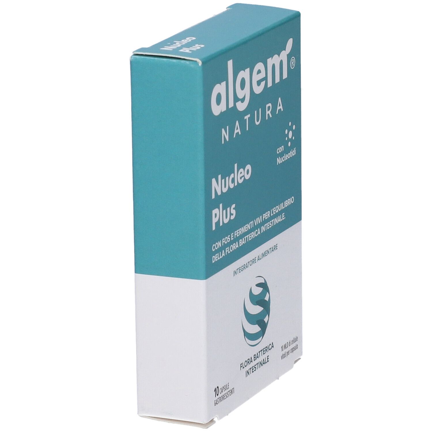 Confezione del prodotto, angolata. Marchio e nome del prodotto su sfondo turchese. 10 capsule. Sfondo bianco.
