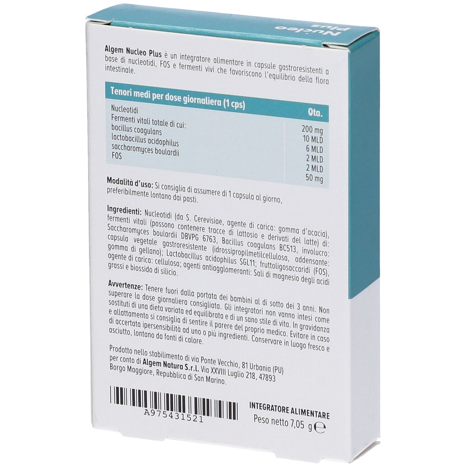Retro della confezione del prodotto. Testo con ingredienti e informazioni nutrizionali. Sfondo bianco.