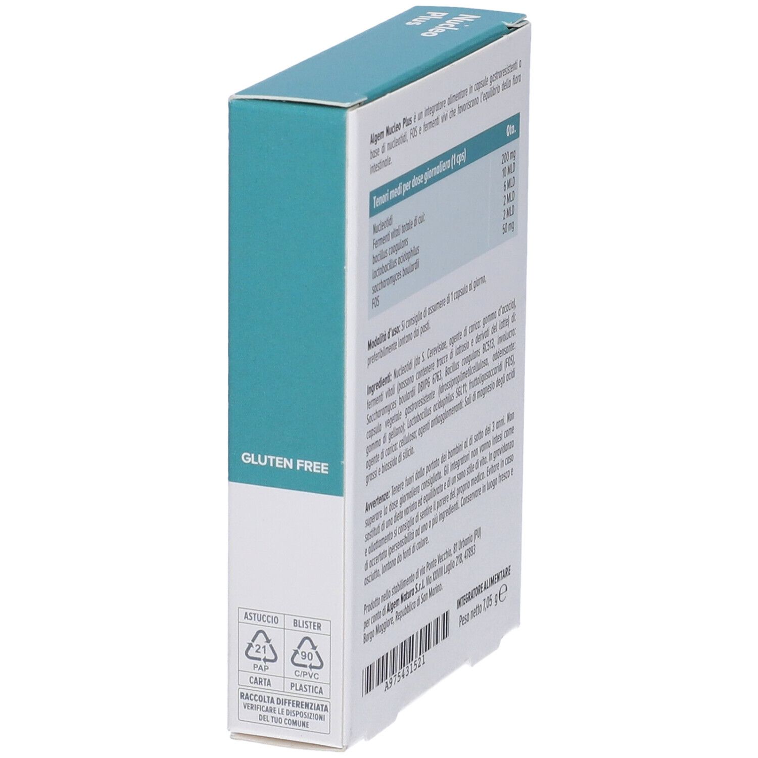 Confezione del prodotto, angolata. Retro con testo e informazioni nutrizionali. Sfondo bianco.