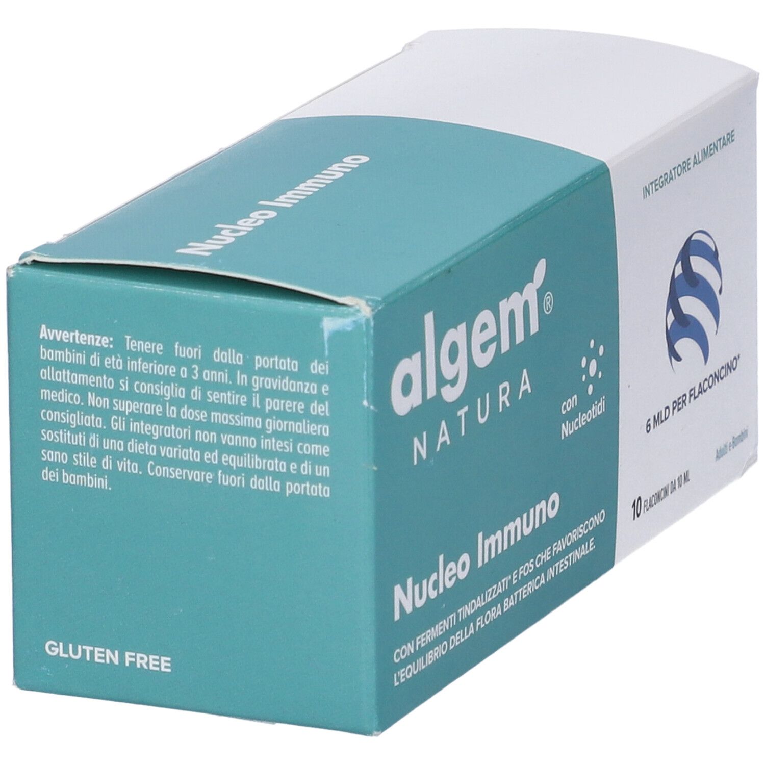 Confezione del prodotto con logo e nome. Contiene 10 flaconcini. Indicazione senza glutine.