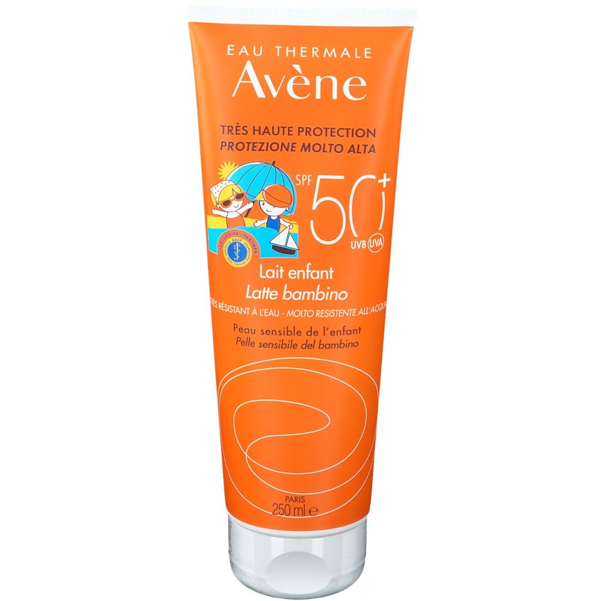 Tube orange avec bouchon blanc. Inscription: Avène, SPF 50+, Lait enfant. Illustration: enfants à la plage.