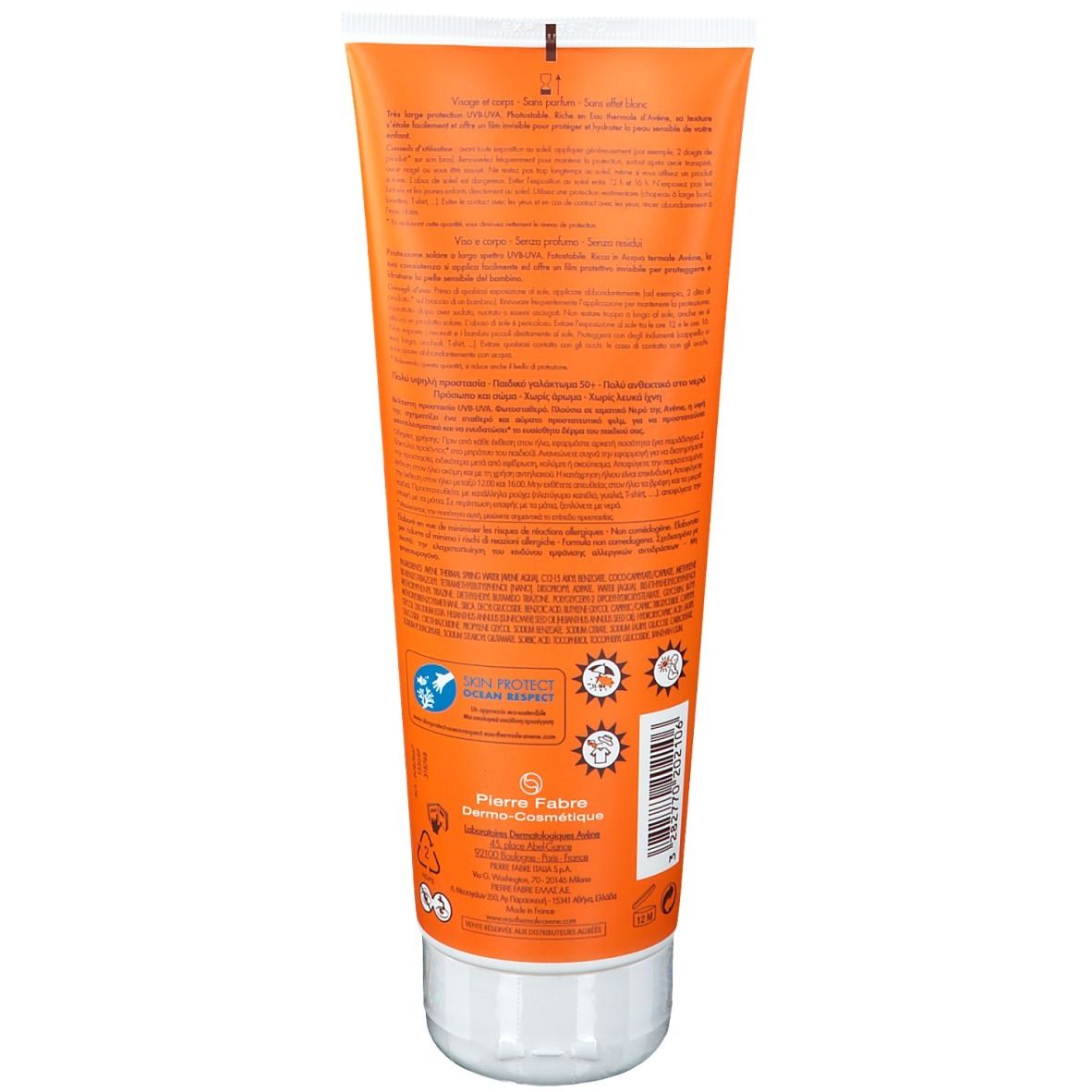 Dos d'un tube orange. Informations textuelles, logos et code-barres. Bouchon blanc.
