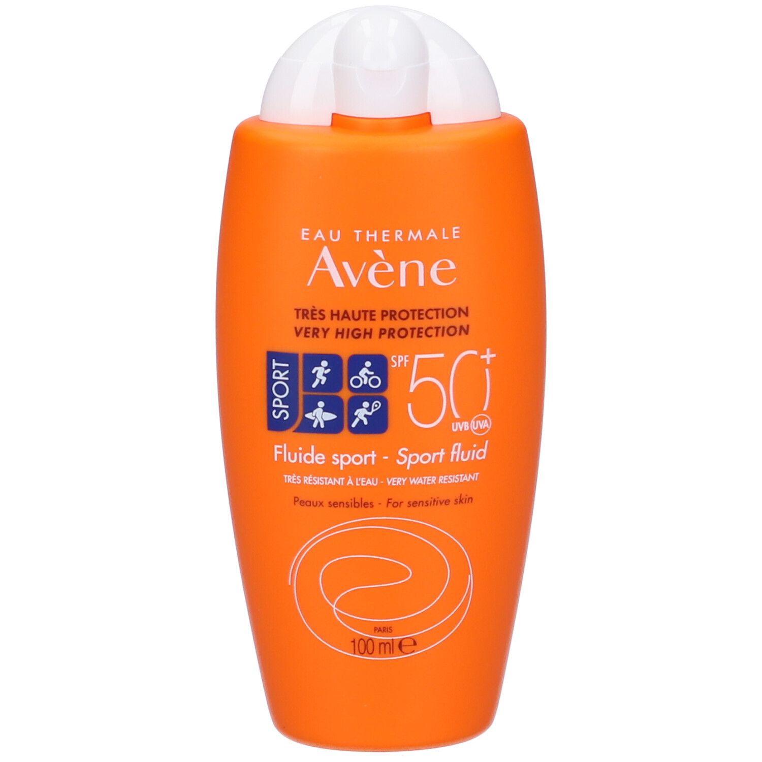Flacone arancione con tappo bianco. Scritte: Eau Thermale Avène, Sport, SPF 50+, 100 ml.