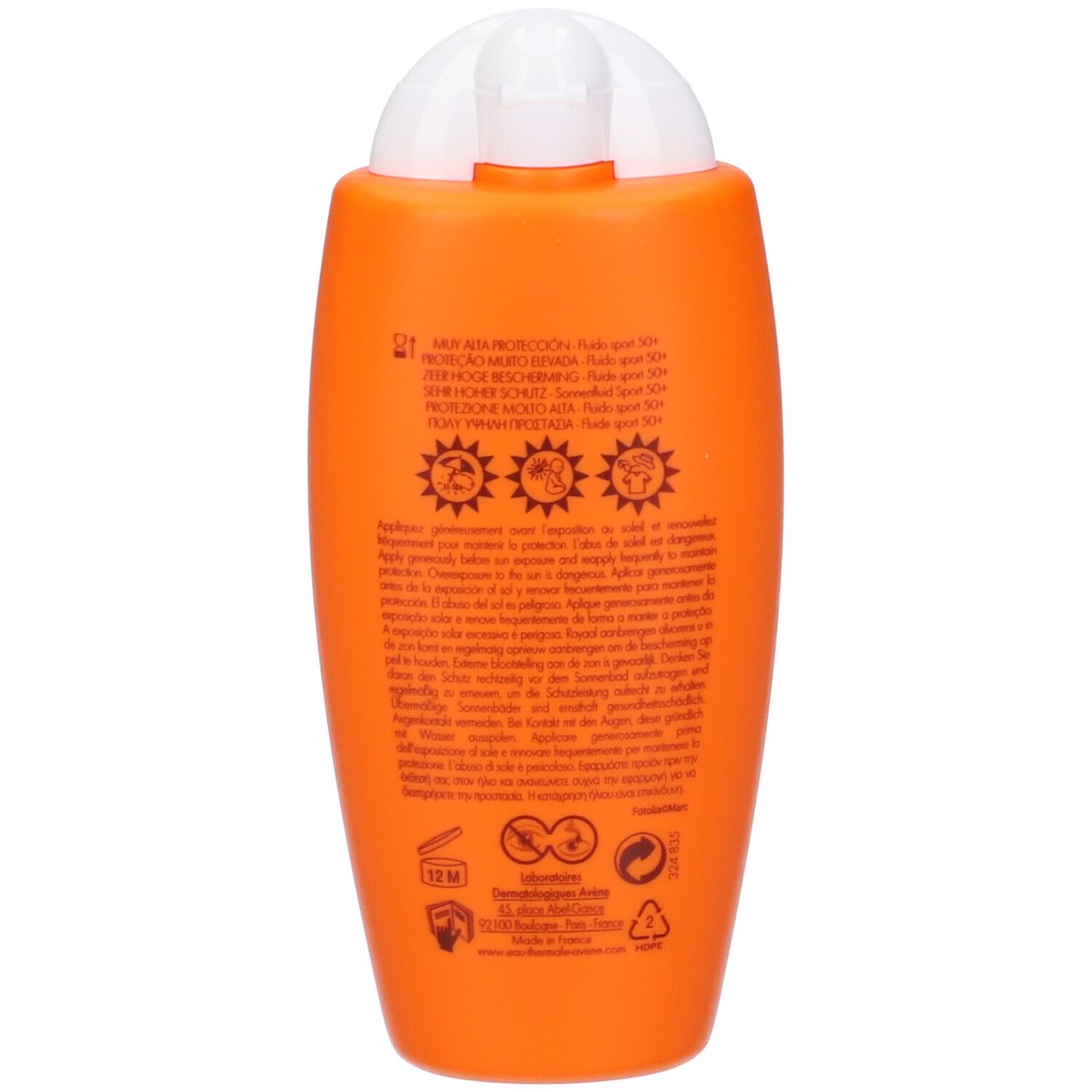Retro di un flacone arancione. Testo multilingue. Simboli di protezione solare e riciclaggio.