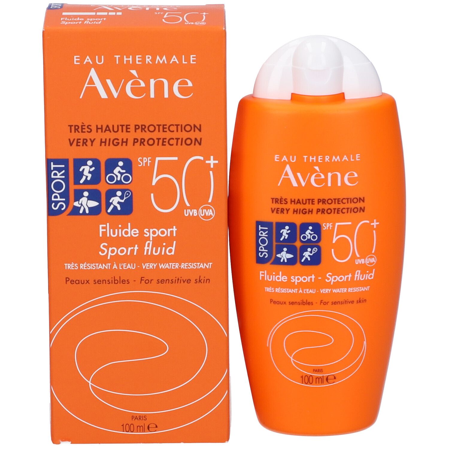 Confezione del prodotto: flacone e scatola. Arancione con tappo bianco. Scritte: Avène, Sport, SPF 50+.