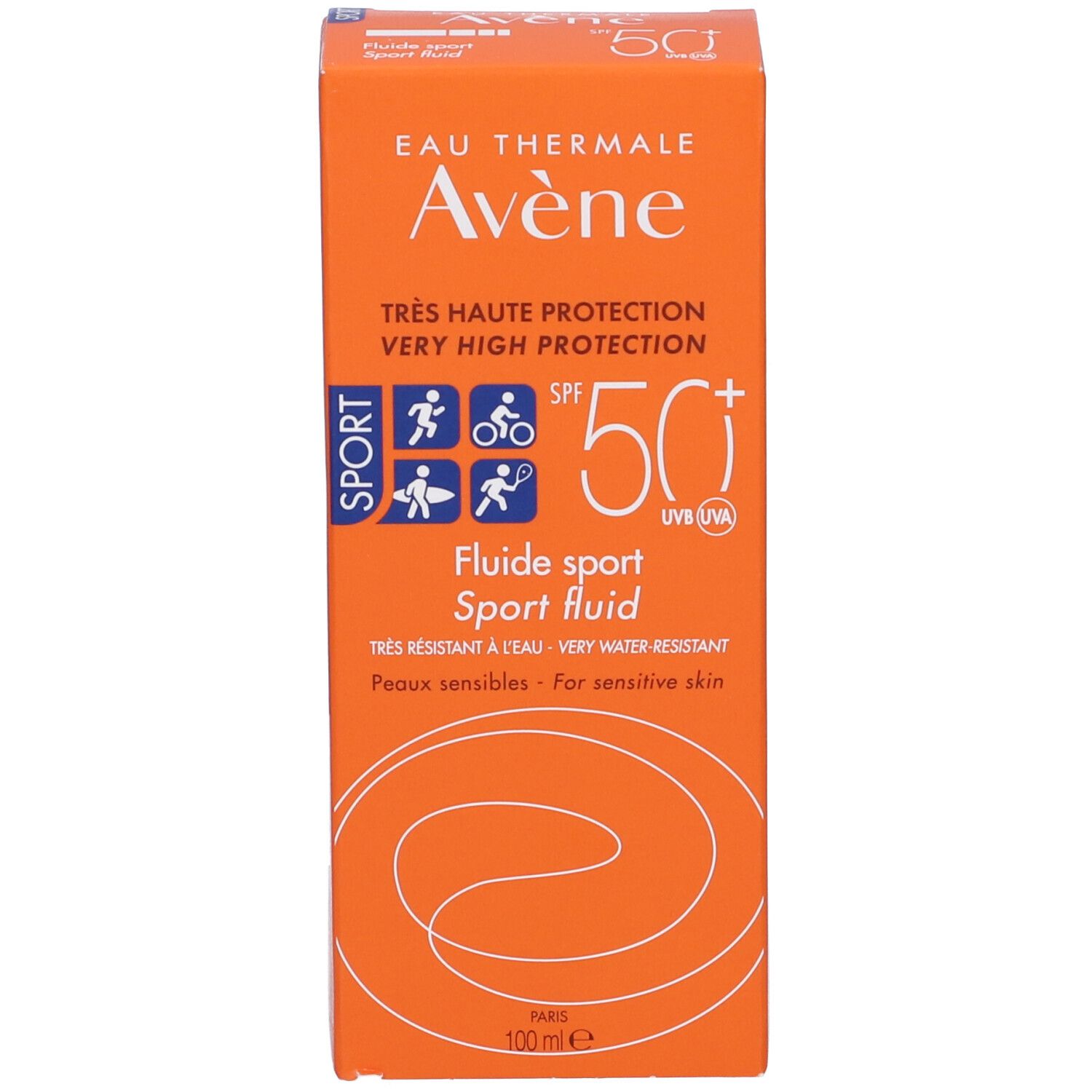 Scatola arancione. Scritte: Eau Thermale Avène, Sport, SPF 50+. 100 ml. Testo multilingue.