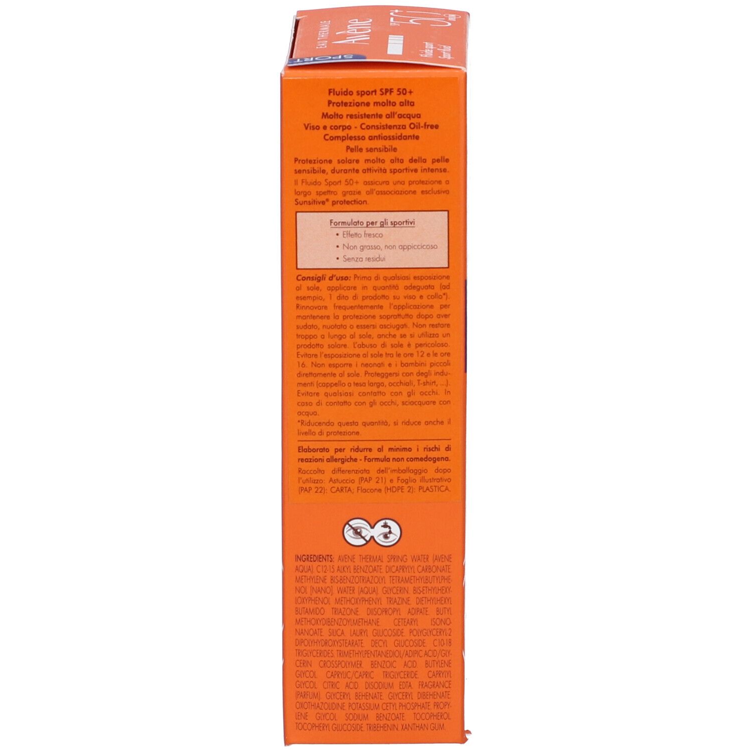Lato di una scatola arancione. Testo multilingue. Ingredienti e informazioni.