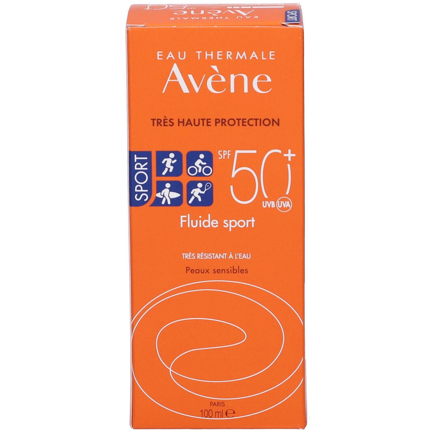 Scatola arancione. Scritte: Eau Thermale Avène, SPF 50+, Sport. Testo multilingue.