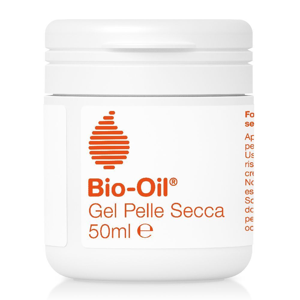 Vasetto bianco con logo e testo rossi. Nome prodotto: Bio-Oil® Gel Pelle Secca. Volume: 50 ml.