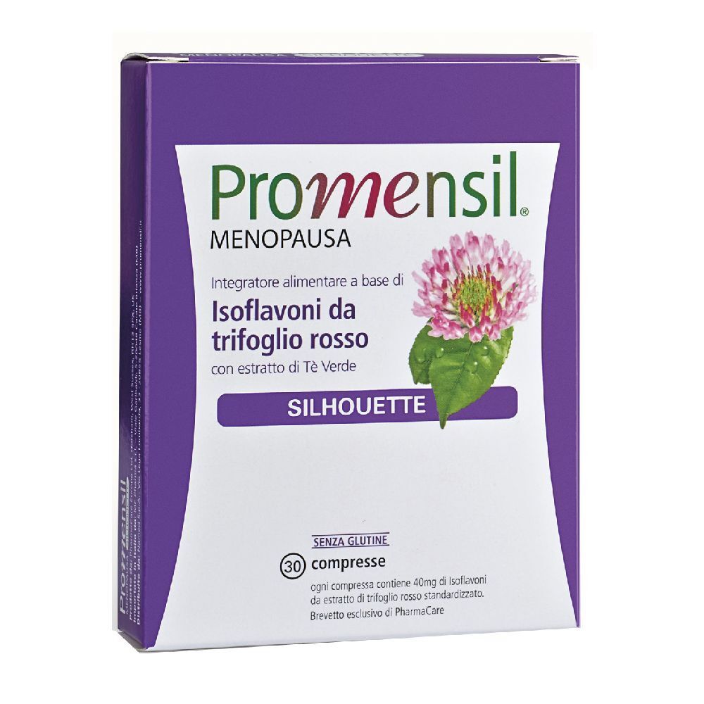 Scatola viola con logo e nome del prodotto. Contiene 30 compresse. Testo: Isoflavoni di trifoglio rosso, senza glutine.