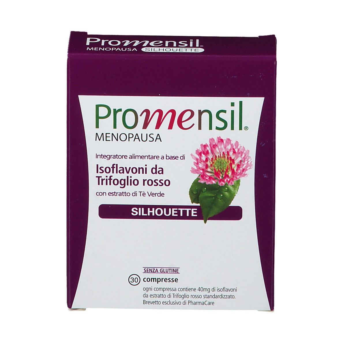 Scatola viola con logo e nome del prodotto. Contiene 30 compresse. Testo: Isoflavoni di trifoglio rosso, senza glutine.