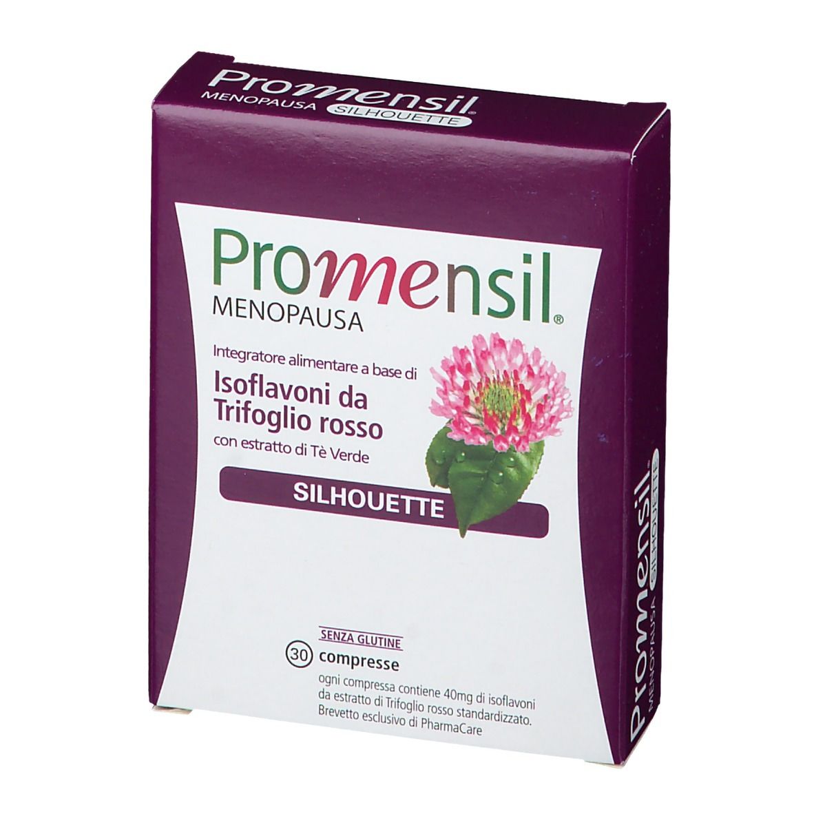 Scatola viola con logo e nome del prodotto. Contiene 30 compresse. Testo: Isoflavoni di trifoglio rosso, senza glutine.