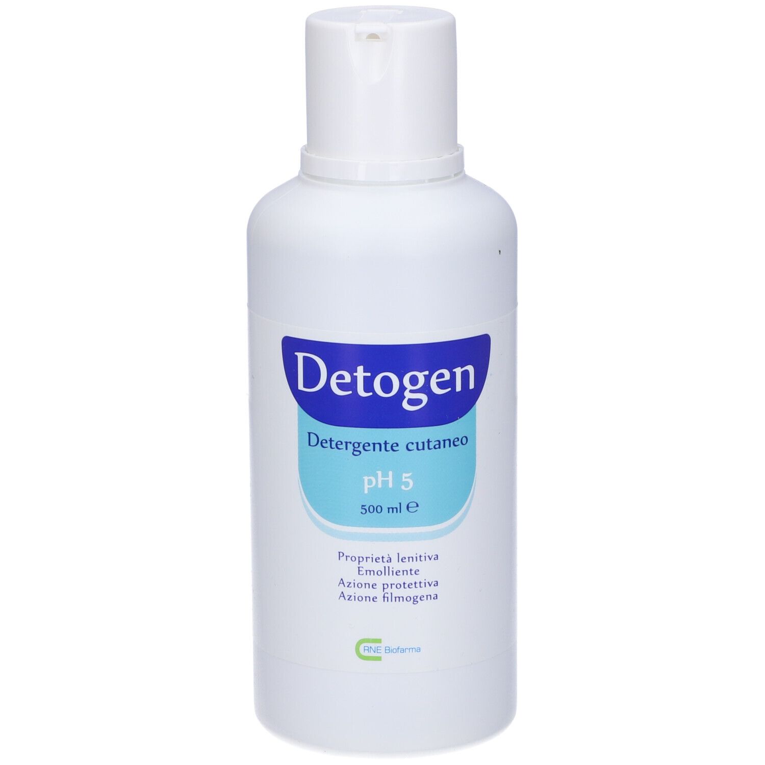 Flacone bianco con etichetta blu. Scritta: Detogen, Detergente cutaneo pH 5, 500 ml e.