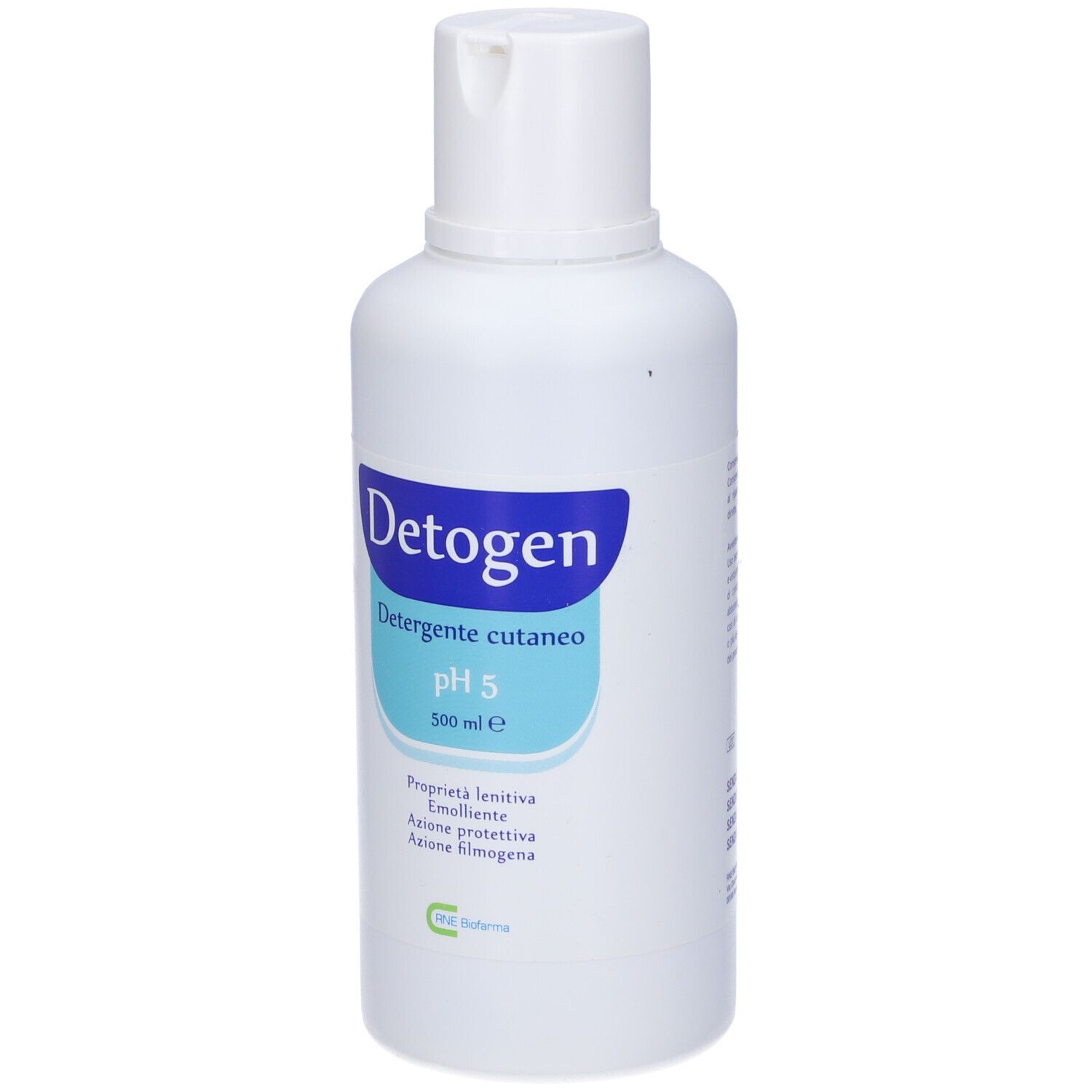 Flacone bianco con etichetta blu. Scritta: Detogen, Detergente cutaneo pH 5, 500 ml e.