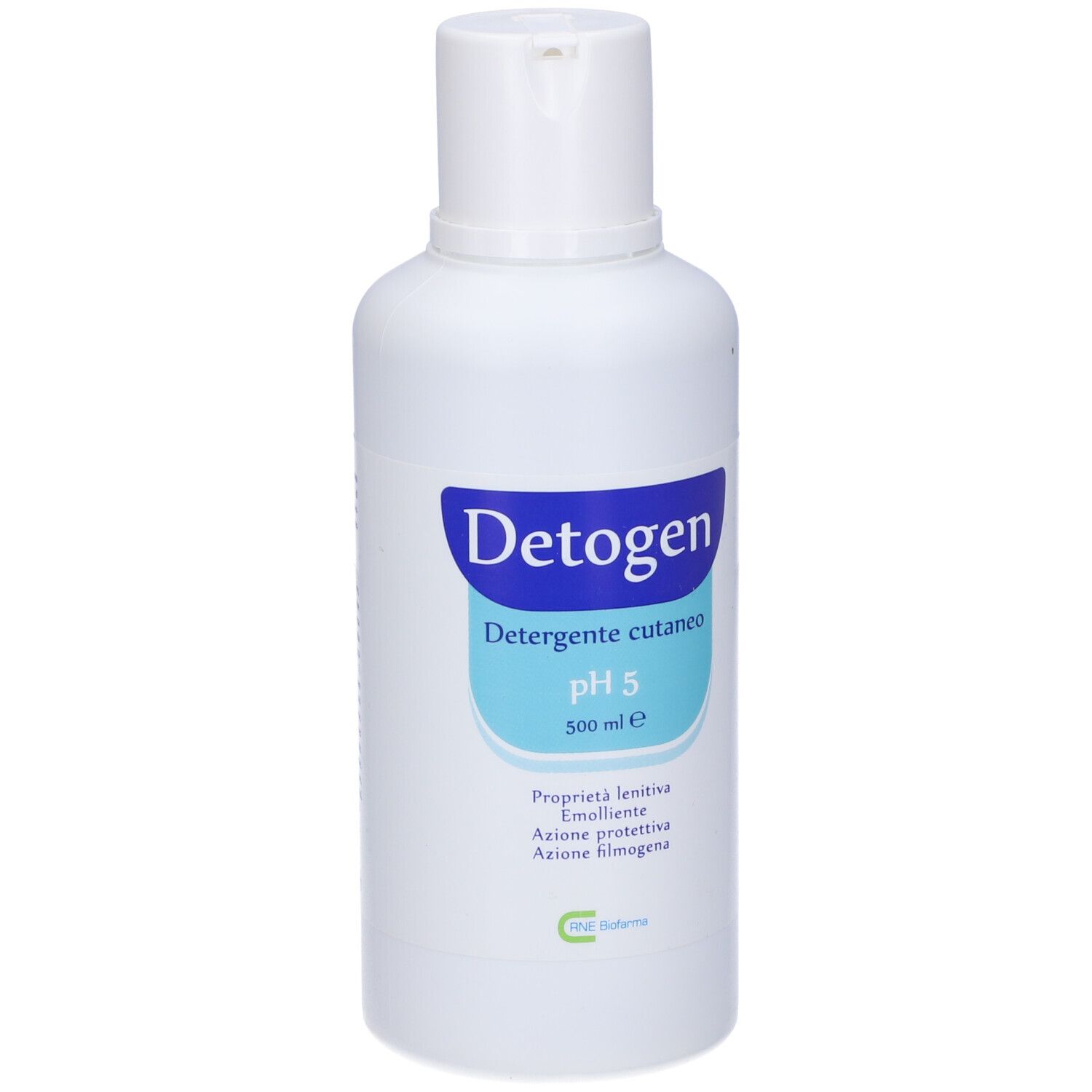Flacone bianco con etichetta blu. Scritta: Detogen, Detergente cutaneo pH 5, 500 ml e.