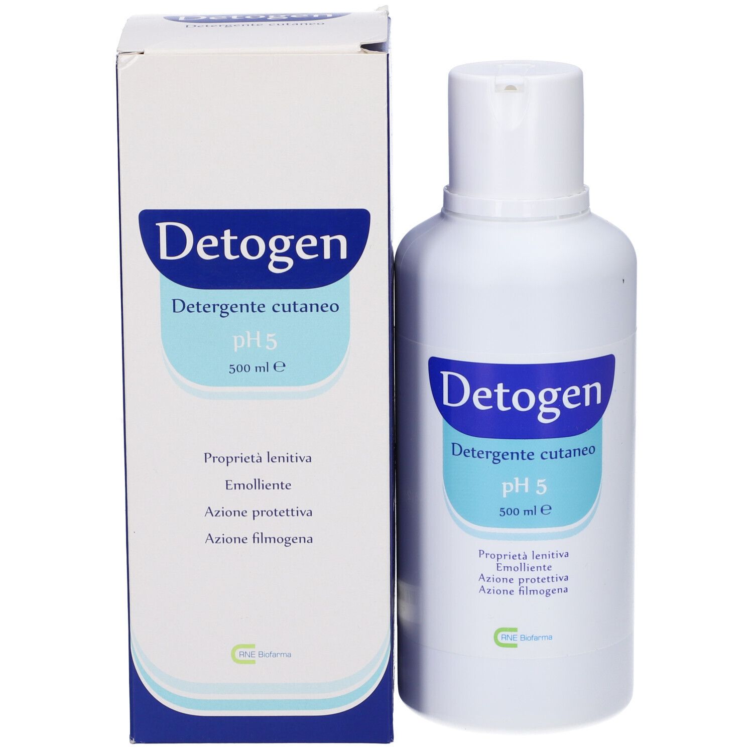 Confezione del prodotto con flacone. Scatola bianca e flacone con etichetta blu. Scritta: Detogen.