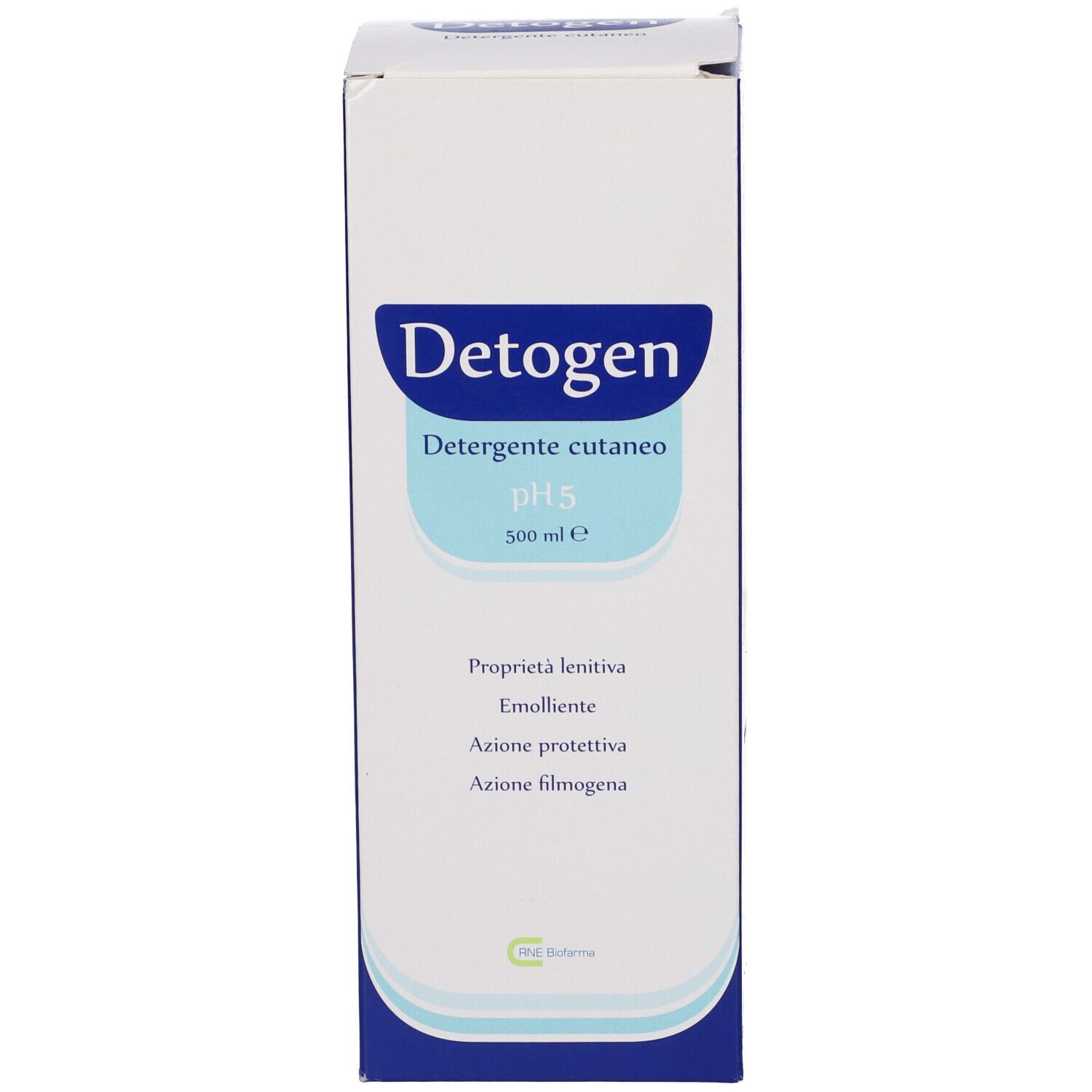 Confezione bianca con etichetta blu. Scritta: Detogen, Detergente cutaneo pH 5, 500 ml e.