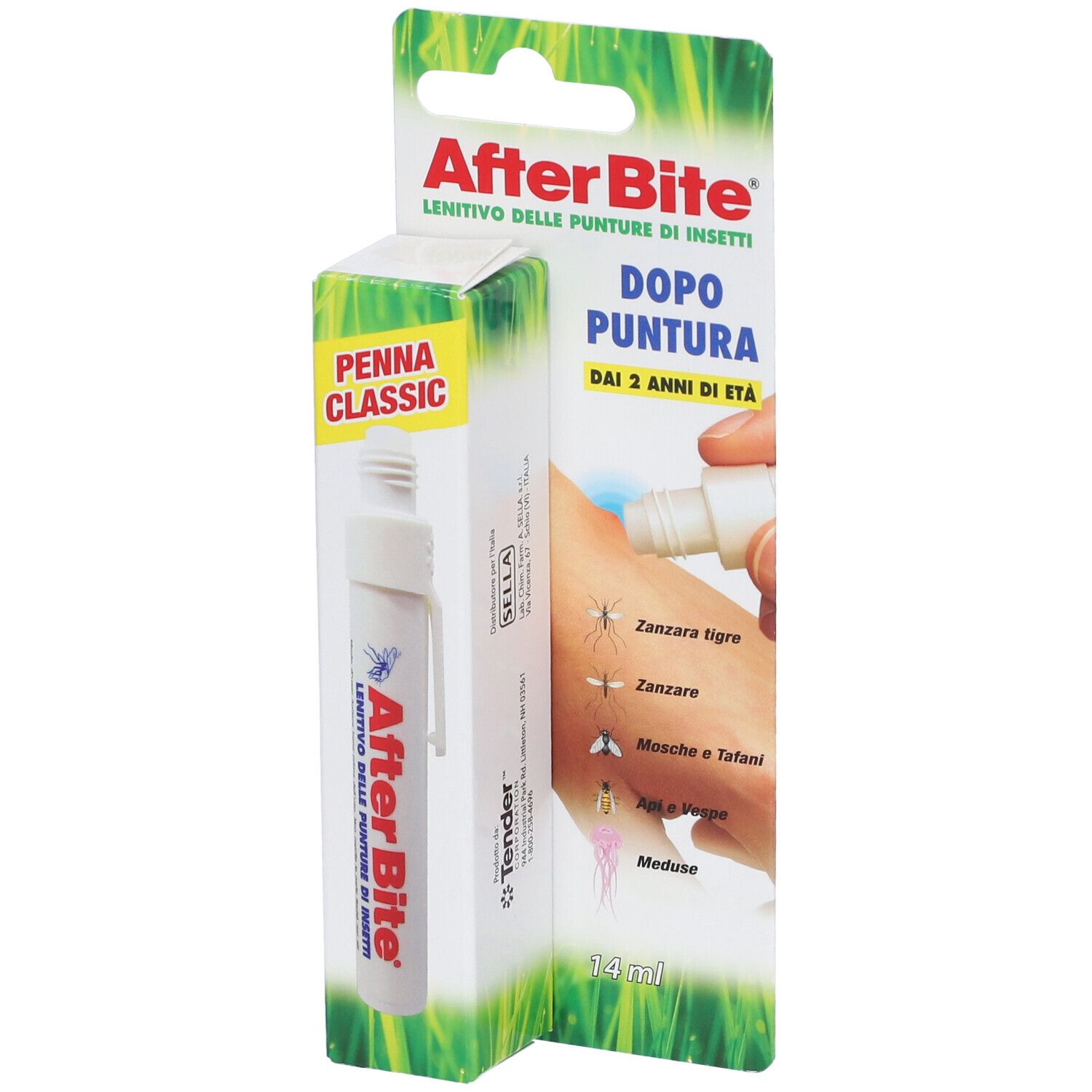 AfterBite Penna Classic, weiße Stiftform, in Verpackung. Aufmachung mit Produktnamen und Anwendungshinweisen.