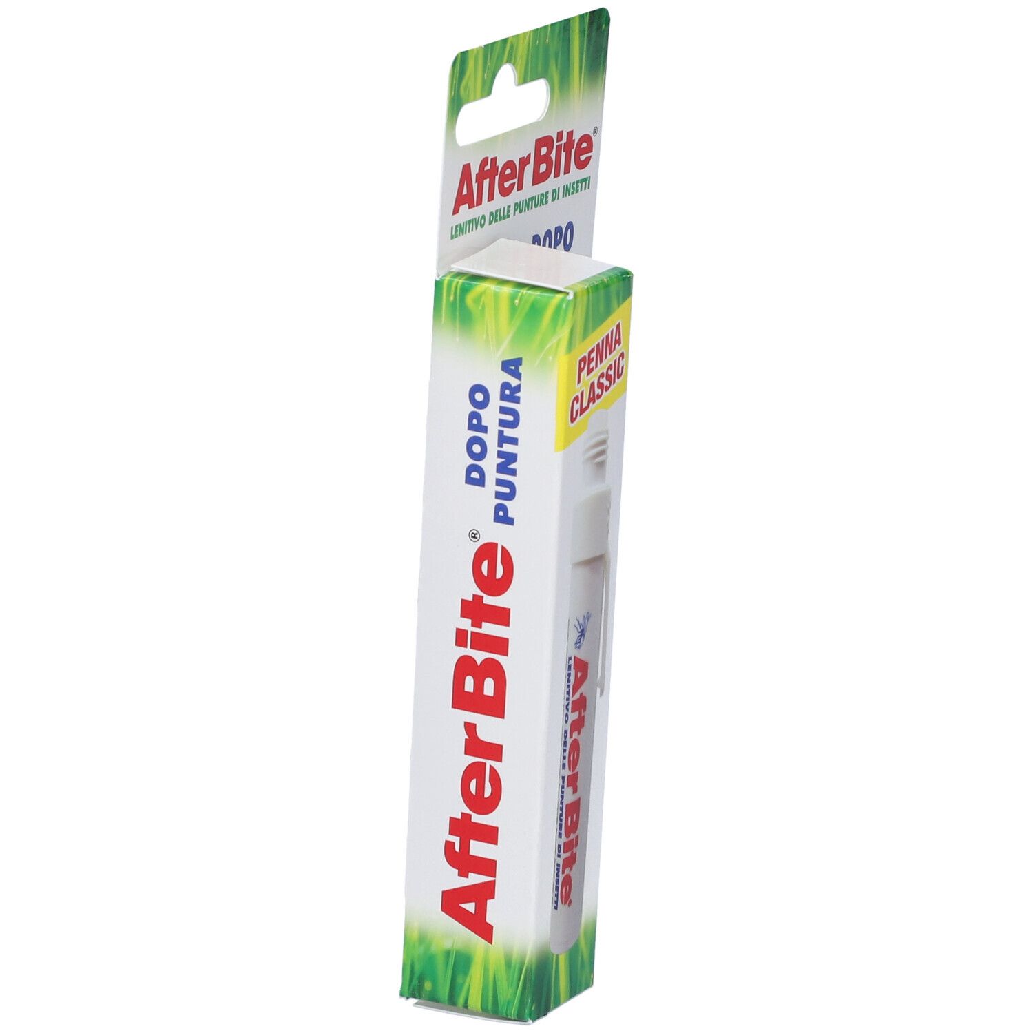 AfterBite Penna Classic, weiße Stiftform, in Verpackung. Produktname und Verpackungsdesign.