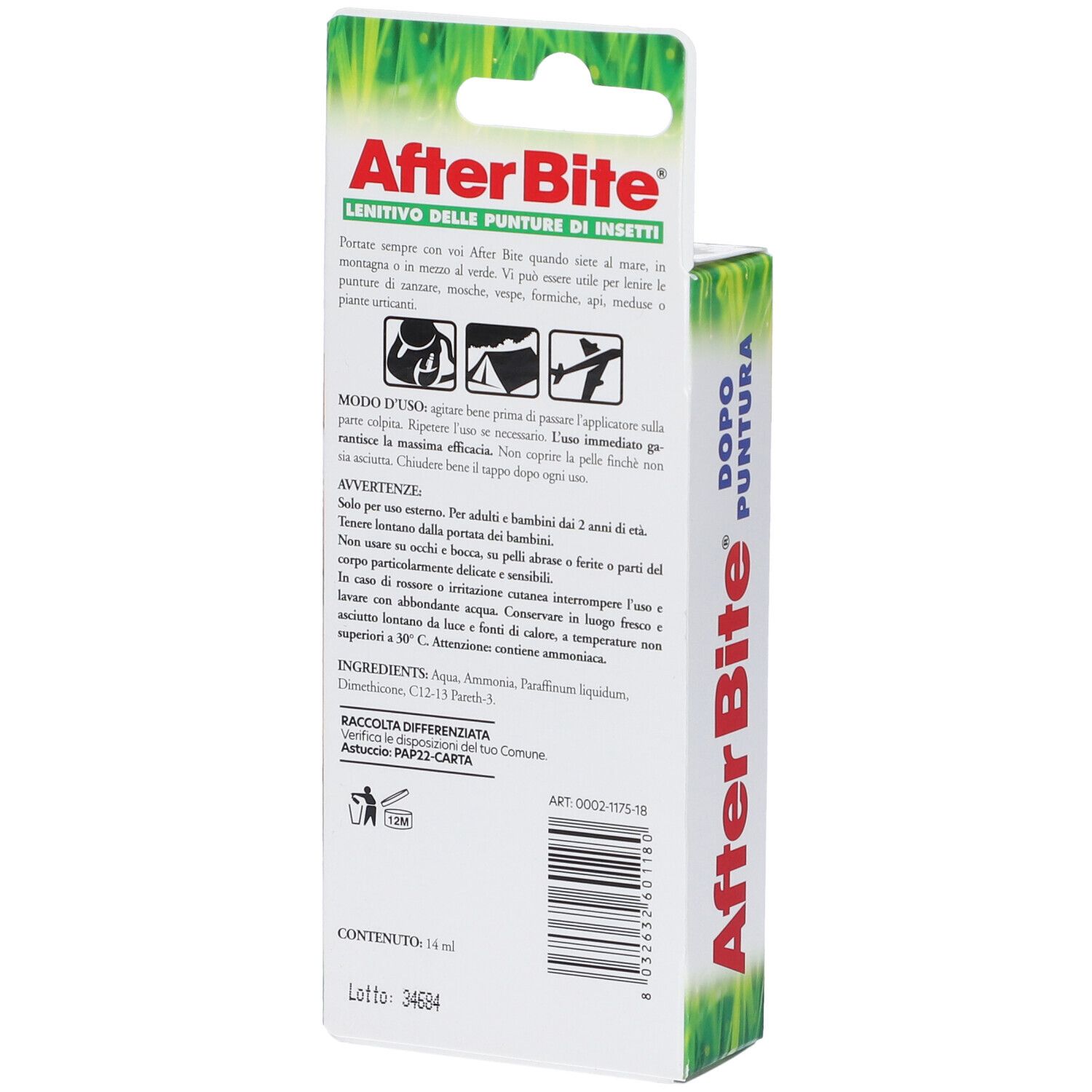Rückseite der AfterBite Verpackung. Textinformationen, Inhaltsstoffe, und Herstellerangaben.