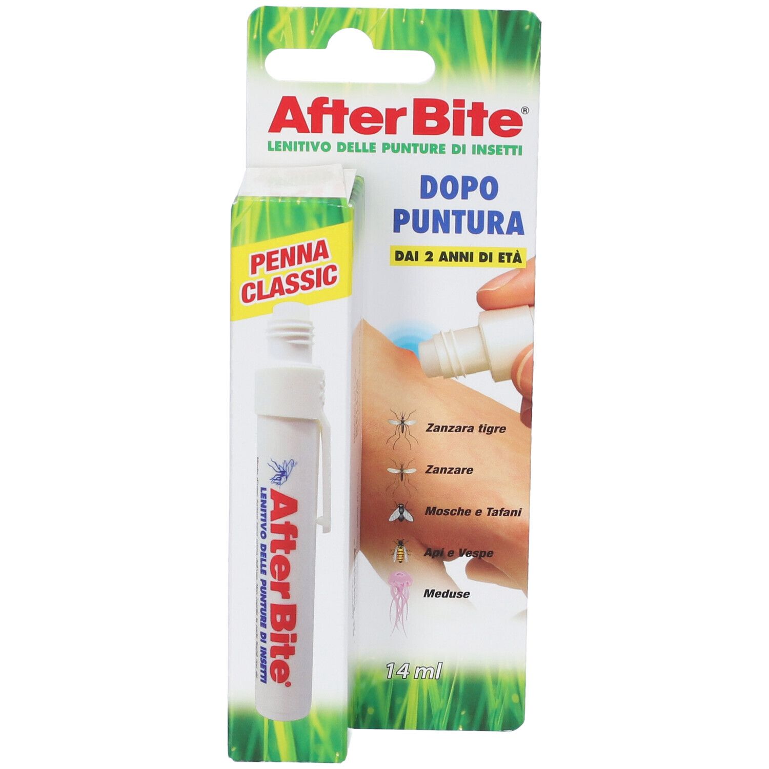 AfterBite Penna Classic, weiße Stiftform, in Verpackung. Produktname und Anwendungshinweise.