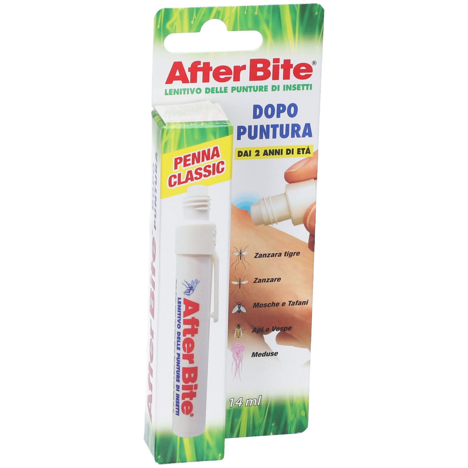 AfterBite Penna Classic, weiße Stiftform, in Verpackung. Produktname und Anwendungshinweise.