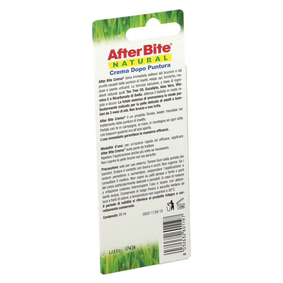 Retro della confezione. Testo: AfterBite Natural Crema Dopo Puntura. Ingredienti, istruzioni per l'uso.