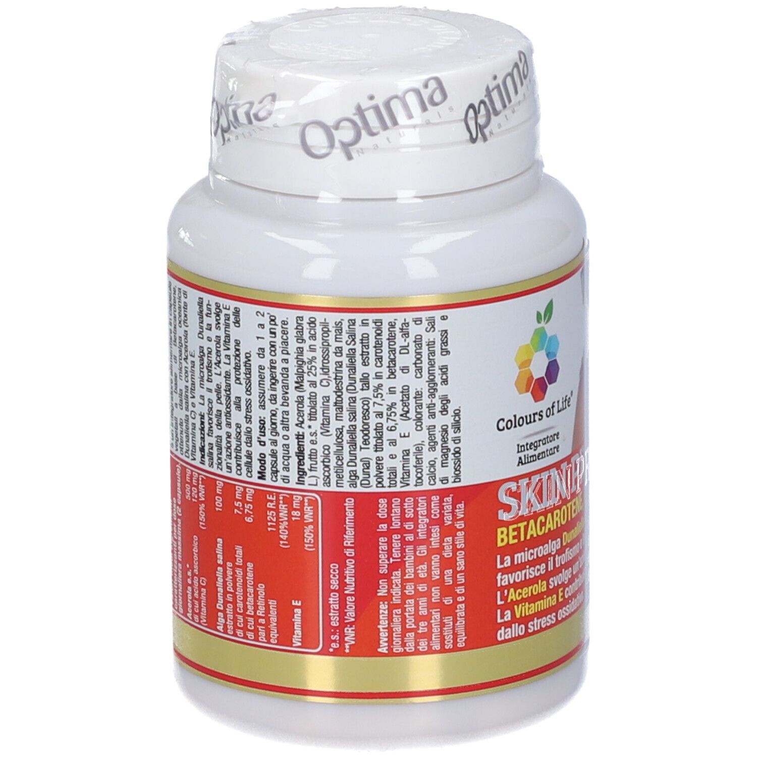 Weißes Fläschchen mit Kapseln. Aufschrift: Skin Protection, Colours of Life. Rückseite mit Inhaltsangaben und Warnhinweisen.