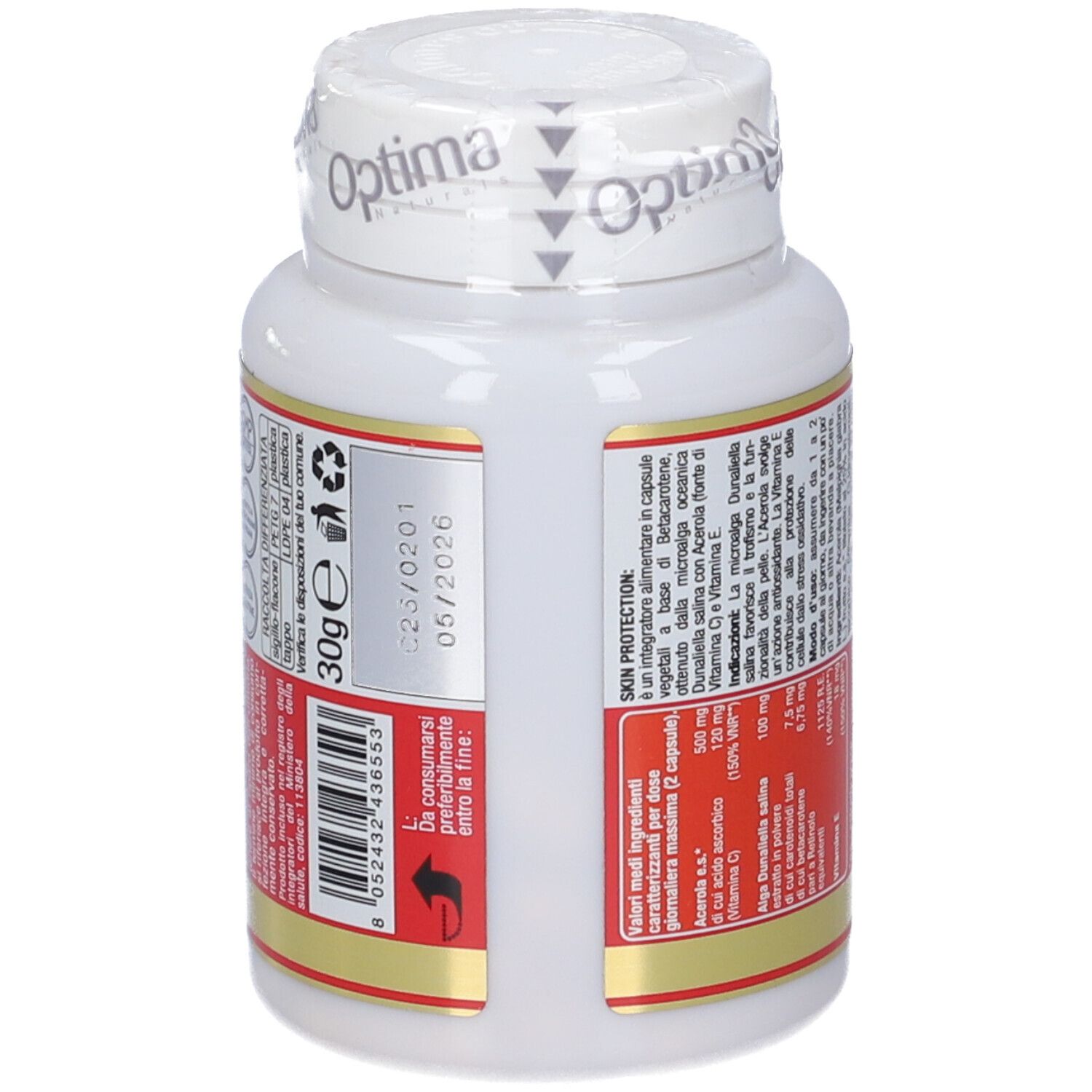 Weißes Fläschchen mit Kapseln. Aufschrift: Skin Protection, Colours of Life. Rückseite mit Inhaltsangaben und Mindesthaltbarkeitsdatum.