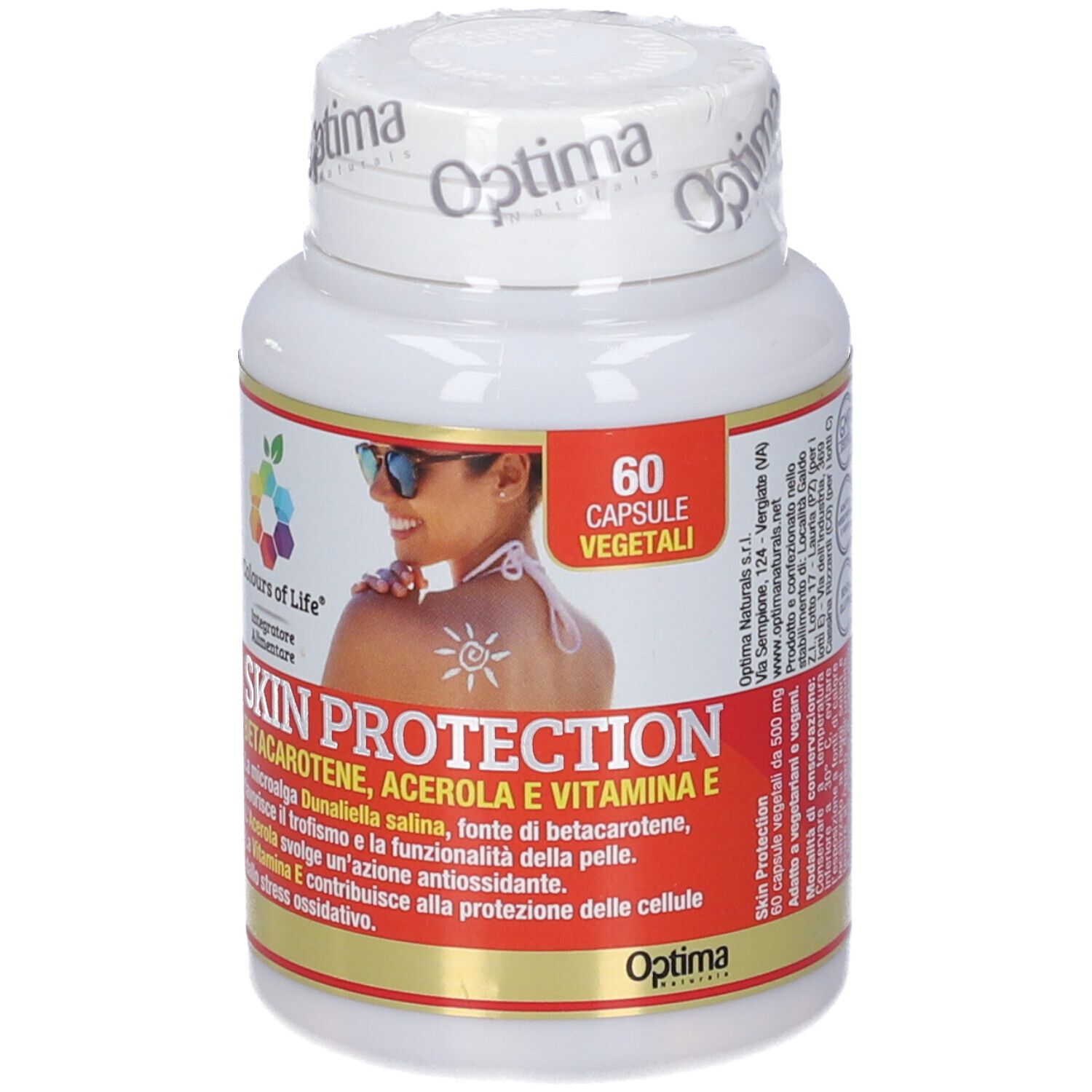 Weißes Fläschchen mit Kapseln. Aufschrift: Skin Protection, Colours of Life. Abbildung einer Frau mit Sonnenbrand.