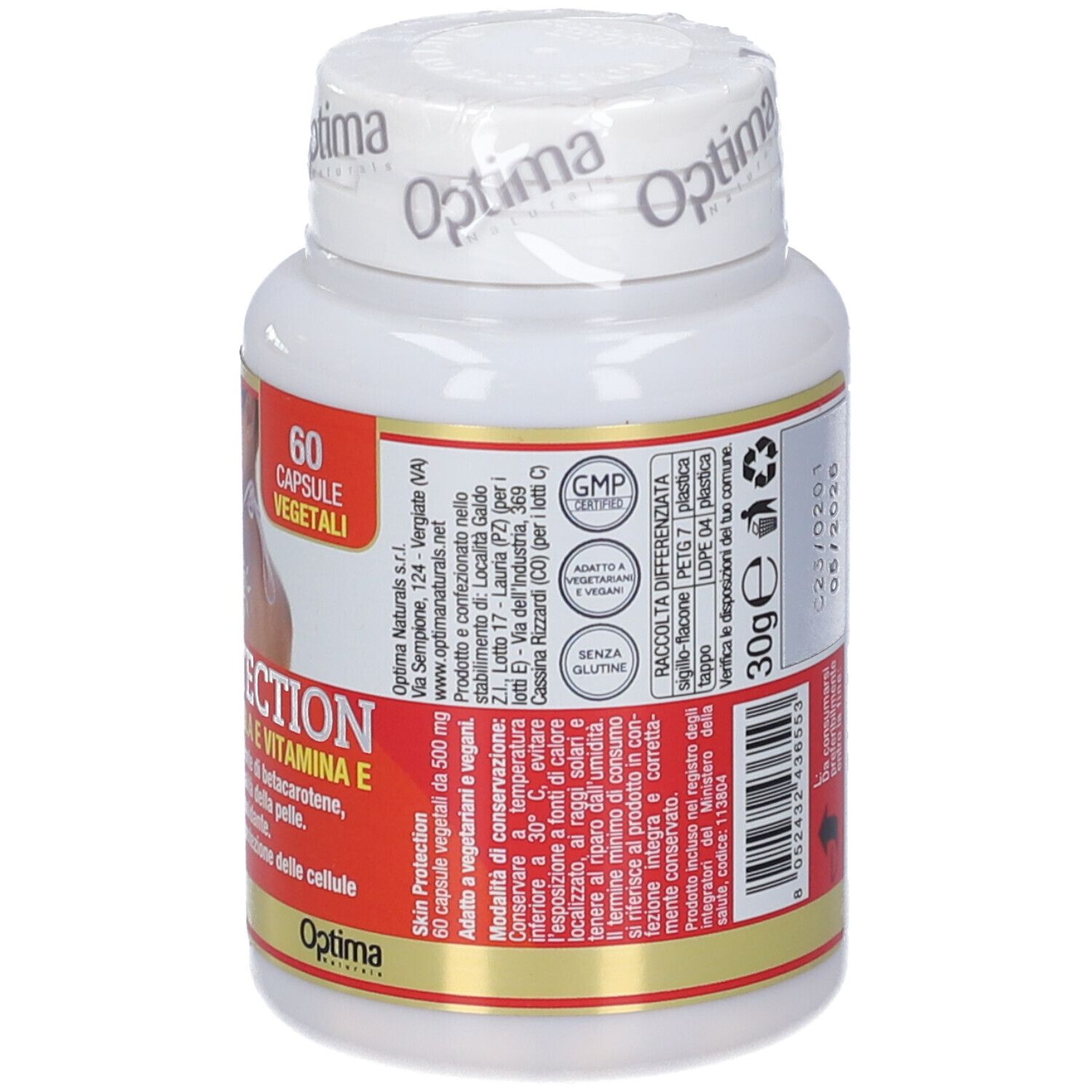 Weißes Fläschchen mit Kapseln. Aufschrift: Skin Protection, Colours of Life. Rückseite mit Inhaltsangaben und Zertifizierungen.