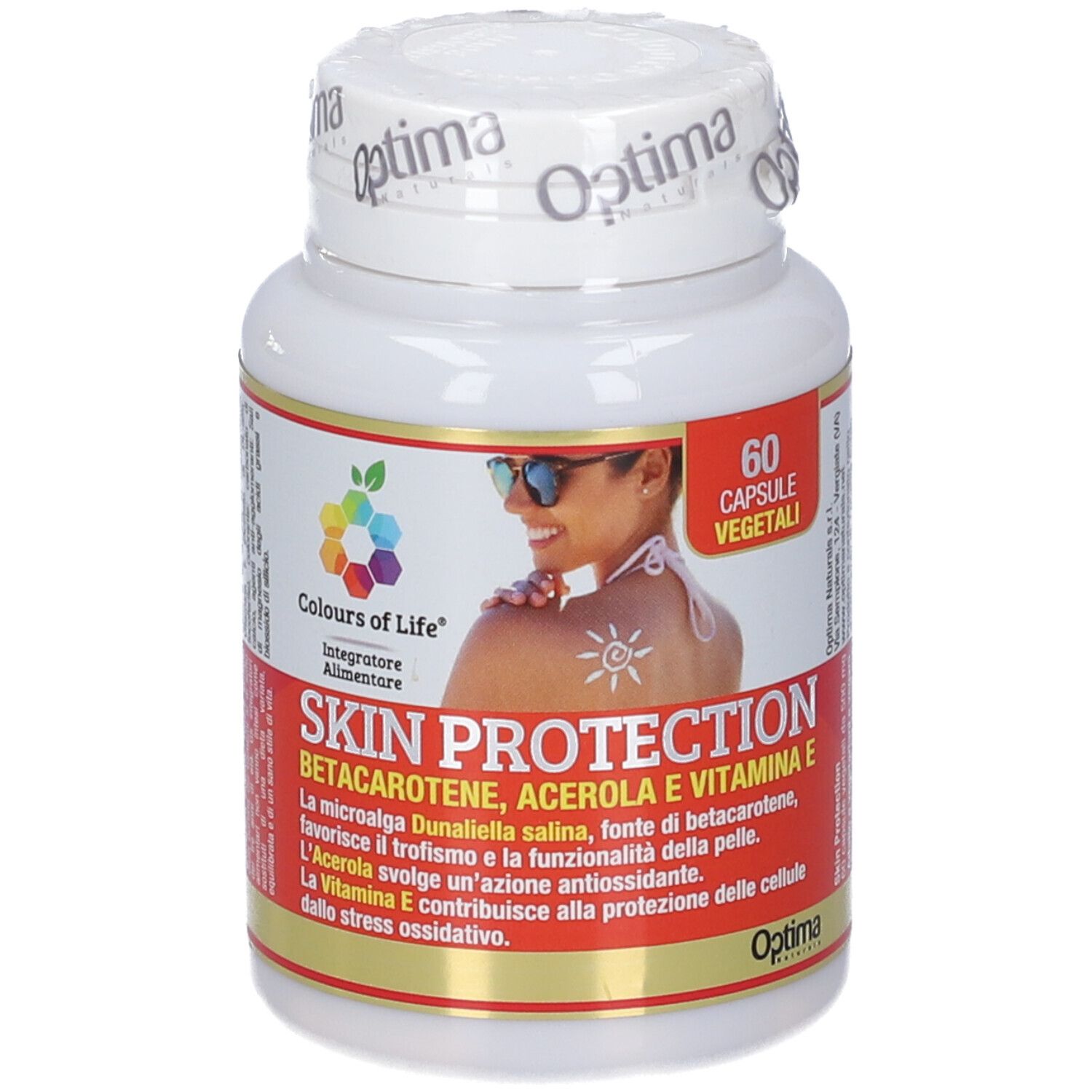 Weißes Fläschchen mit Kapseln. Aufschrift: Skin Protection, Colours of Life. Abbildung einer Frau mit Sonnenbrand.