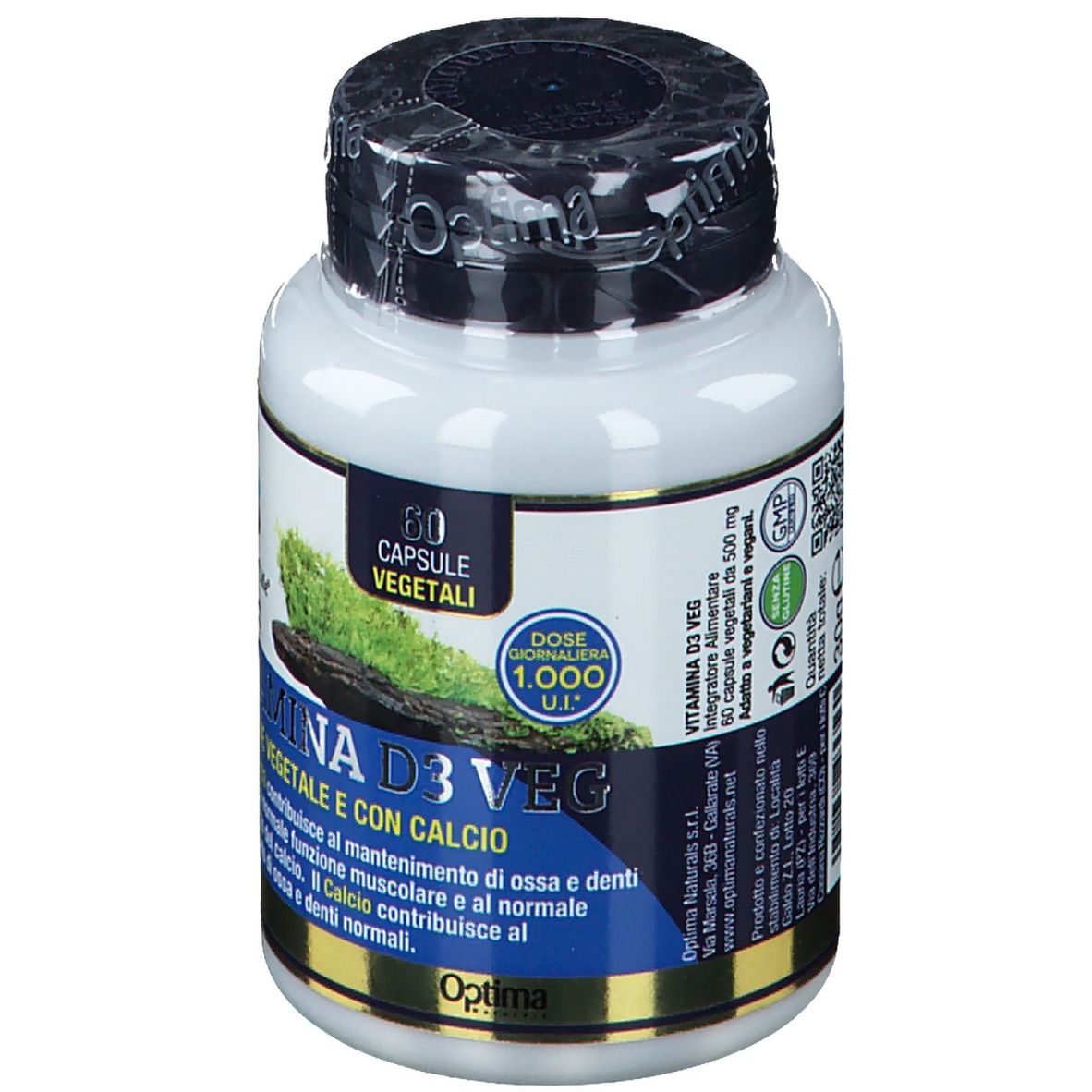 Weiße Flasche mit schwarzem Deckel. Aufschrift: Optima D3 VEG, 60 Kapseln. Enthält Vitamin D3 und Calcium. GMP-Zertifizierung.