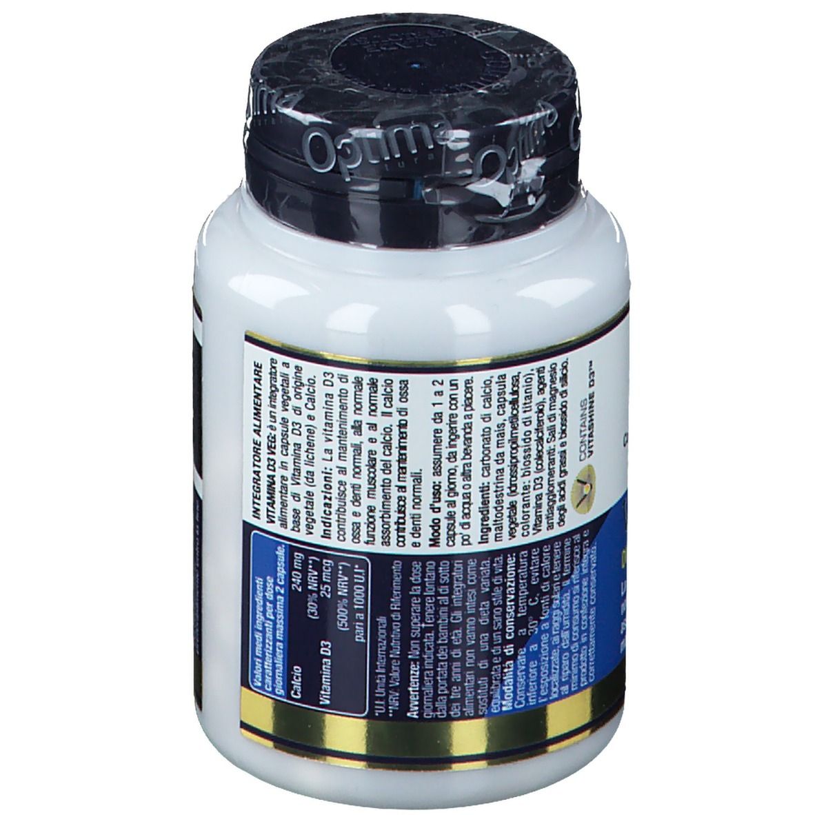 Weiße Flasche mit schwarzem Deckel. Aufschrift: Vitamin D3 VEG. Dosierungsempfehlung. Enthält Calcium und Vitamin D3.