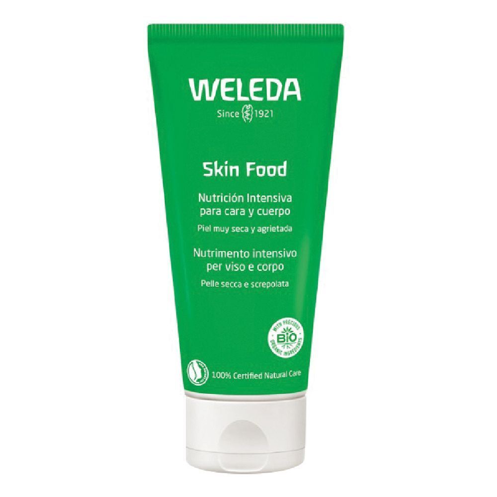 Tubo verde con tappo bianco. Testo: WELEDA, Skin Food, Nutrición Intensiva, Nutrimiento intensivo. Certificazione bio.