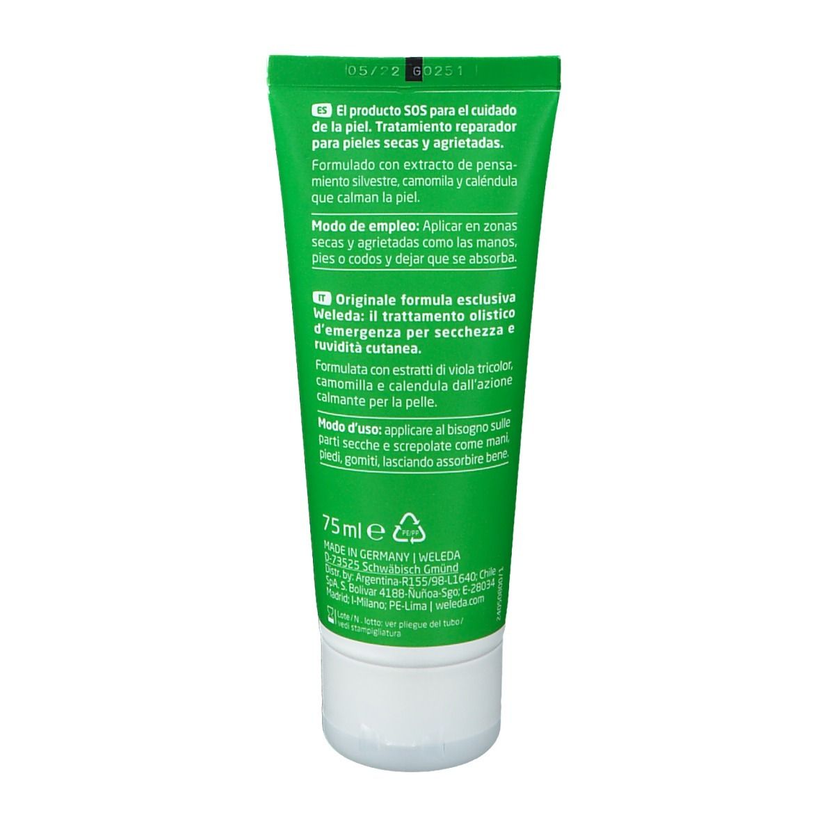 Retro del tubo verde. Testo: Istruzioni per l'uso, ingredienti, 75ml, Made in Germany, WELEDA.