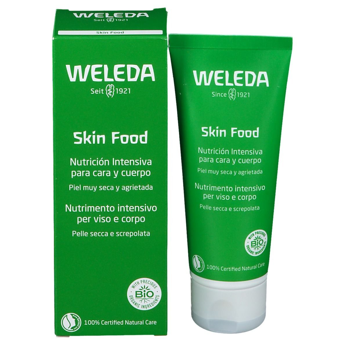 Scatola e tubo verdi. Testo: WELEDA, Skin Food, Nutrición Intensiva, Nutrimiento intensivo. Certificazione bio.