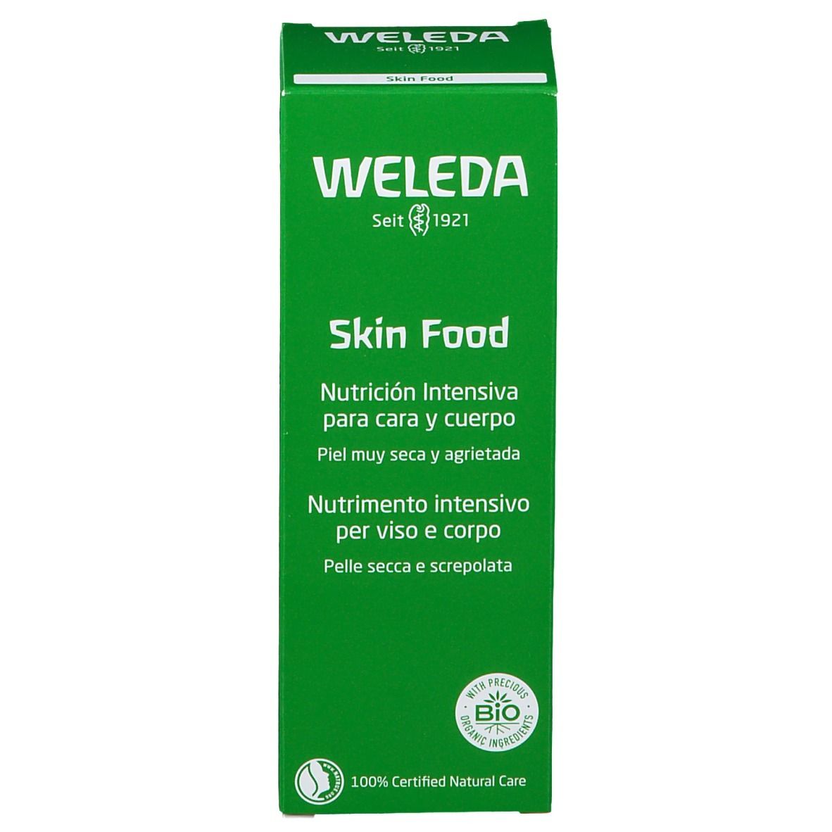 Scatola verde. Testo: WELEDA, Skin Food, Nutrición Intensiva, Nutrimiento intensivo. Certificazione bio.