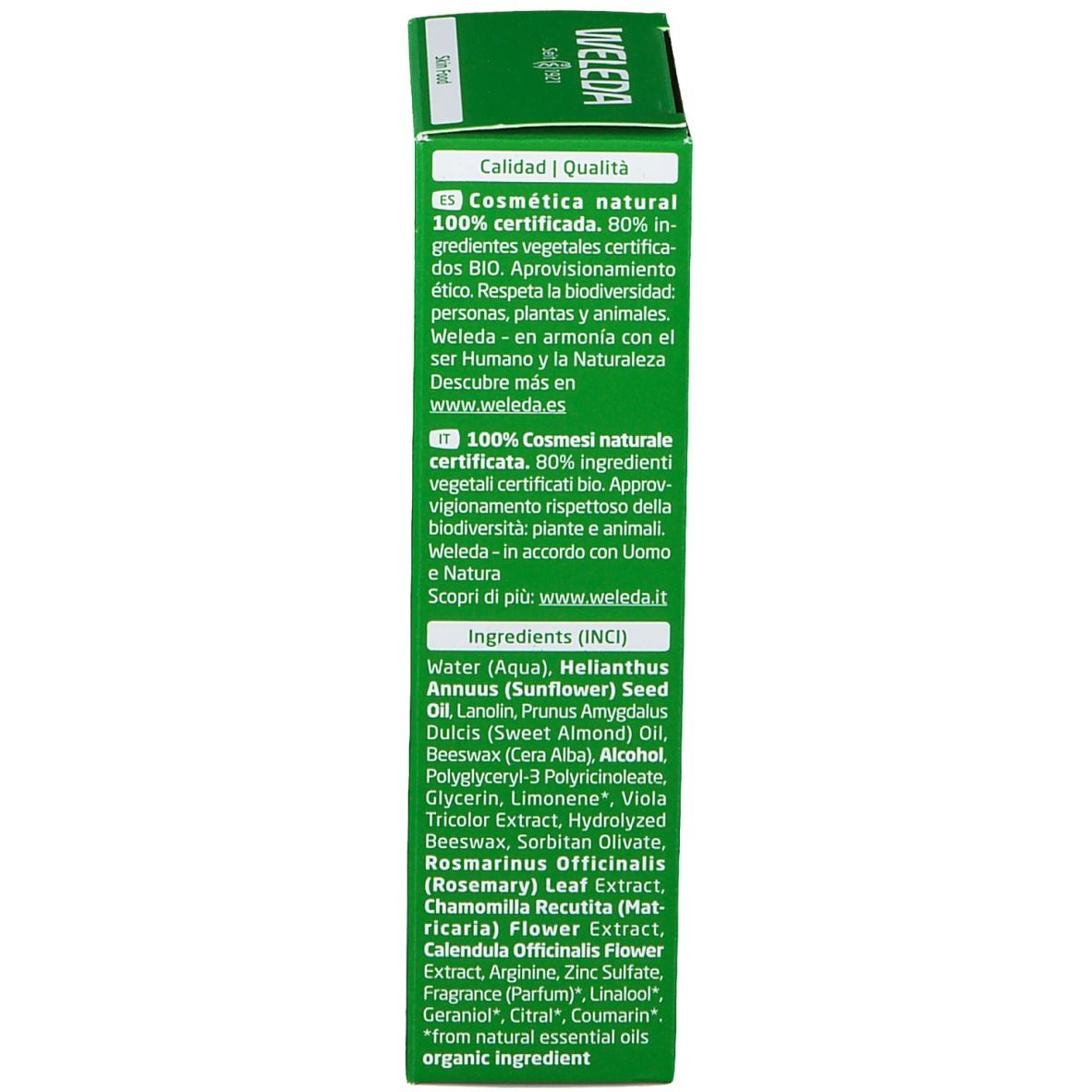 Scatola verde. Testo: Ingredienti, cosmetici naturali al 100%, certificazione bio, WELEDA.