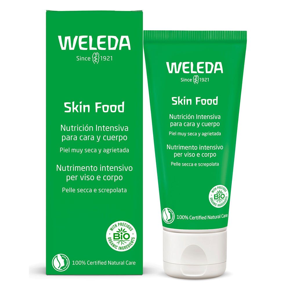 Scatola e tubo verdi. Testo: WELEDA, Skin Food, Nutrición Intensiva, Nutrimiento intensivo. Certificazione bio.