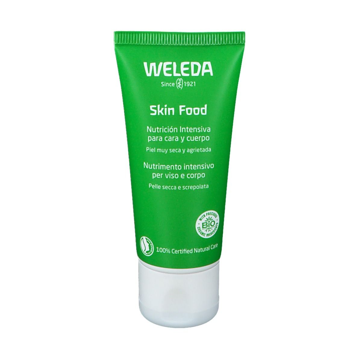 Tubo verde con tappo bianco. Scritta: WELEDA Skin Food. Certificazione bio.