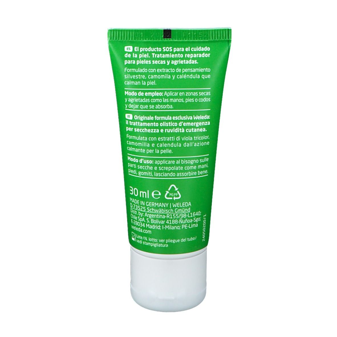 Tubo verde con tappo bianco. Scritta: WELEDA Skin Food. Certificazione bio.