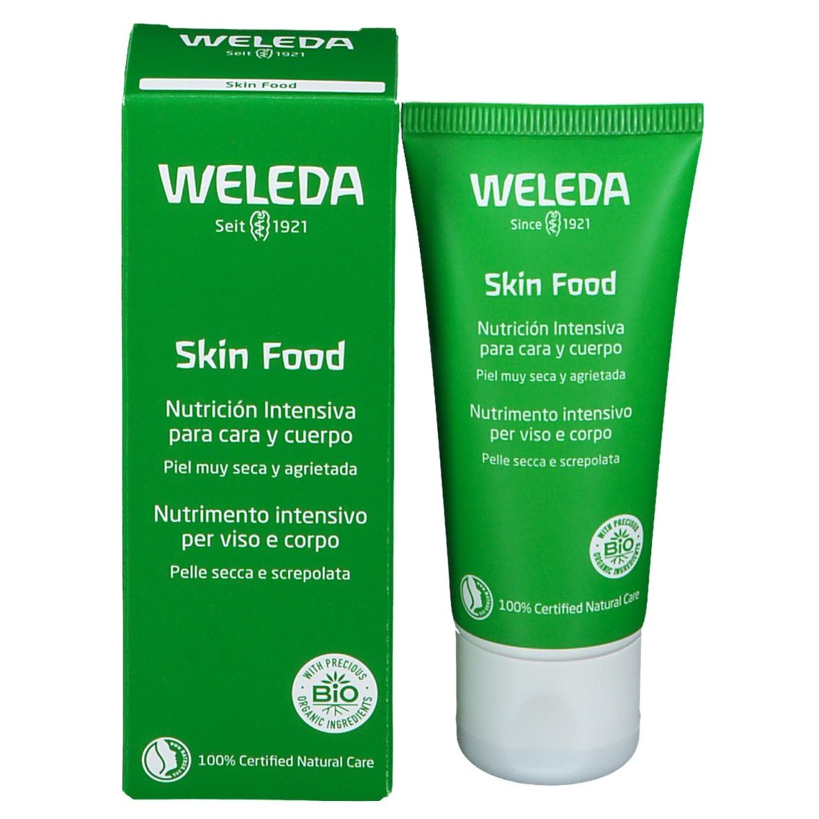 Tubo verde con tappo bianco. Scritta: WELEDA Skin Food. Certificazione bio.