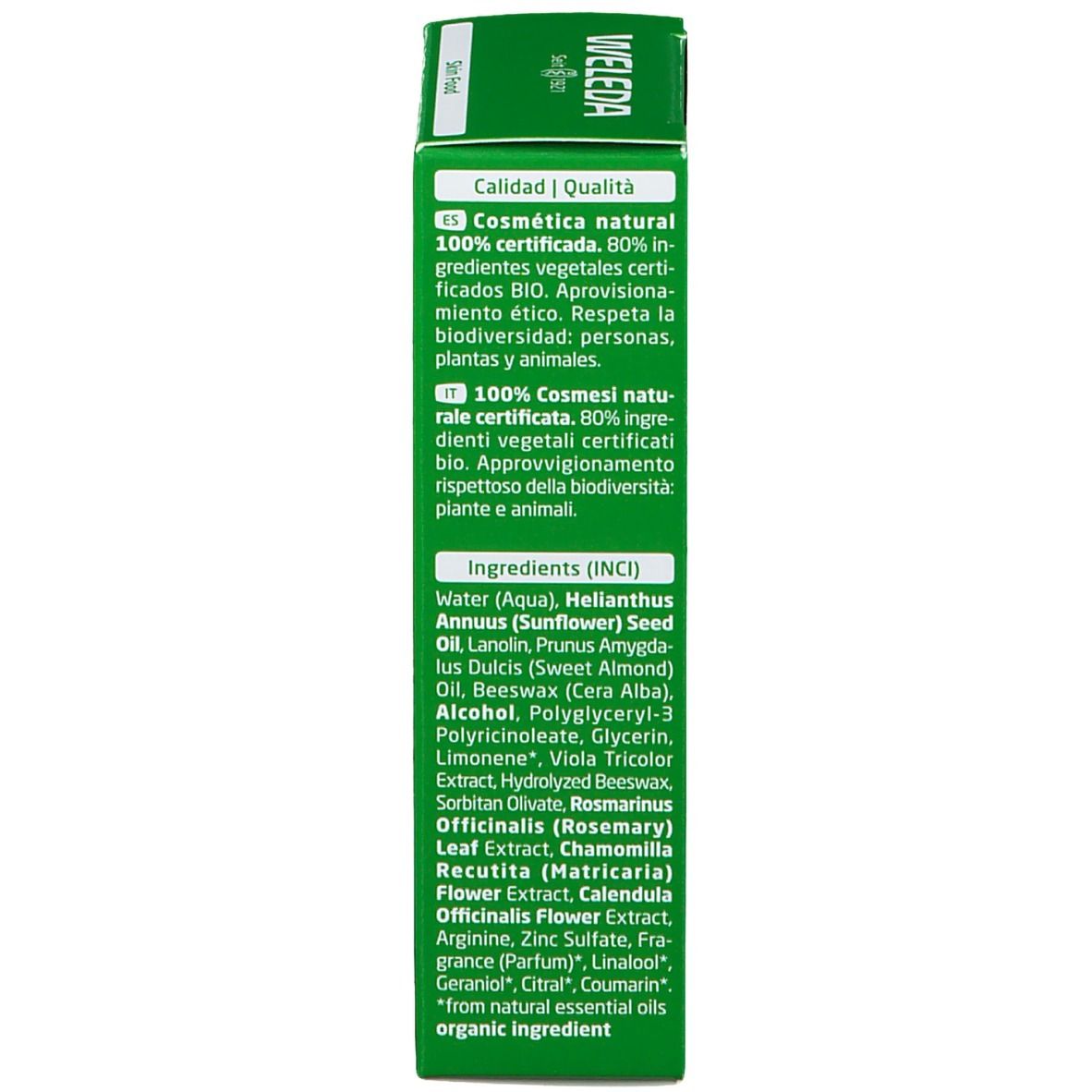 Scatola verde. Scritta: WELEDA Skin Food. Certificazione bio. Istruzioni per l'uso.