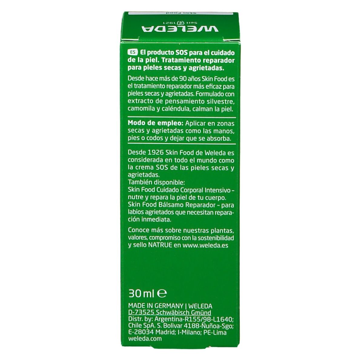 Scatola verde. Scritta: WELEDA Skin Food. Certificazione bio. Istruzioni per l'uso.