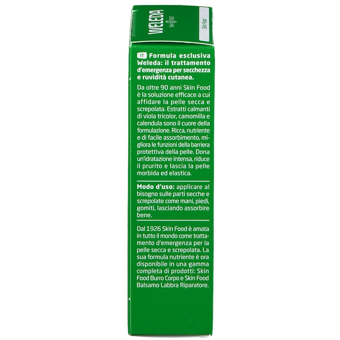 Scatola verde. Scritta: WELEDA Skin Food. Certificazione bio. Istruzioni per l'uso.